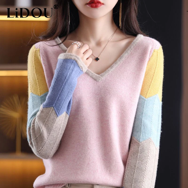 Autumn Winter Elegant Fashion V-neck Sweet Patchwork Sweater Women Korean Style All-match Knitting Jumpers Ladies Warm Pullover