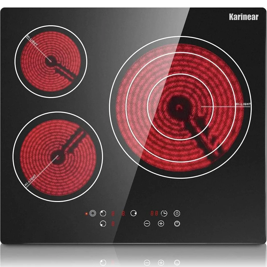 Karinear 3-burner Ceramic Hob Built in, 59cm, Black Ceramic Glass Electric Cooktop with touch control, Hard Wired, no Plug