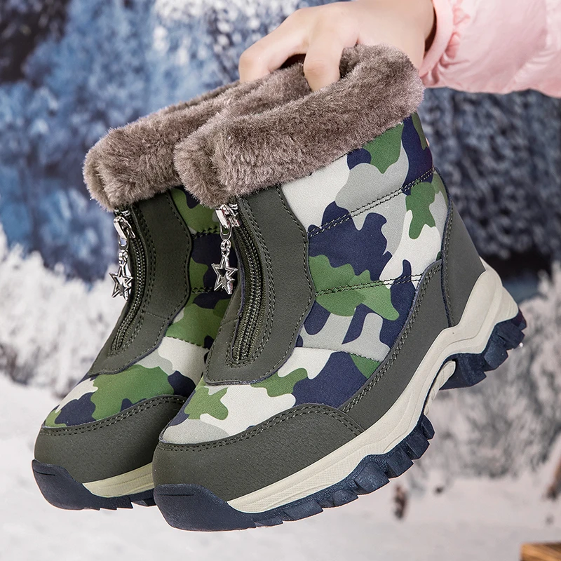 Stivali per bambini impermeabili e morbidi con cerniera mimetica, stivali da neve versatili, comodi e caldi ad alto legame