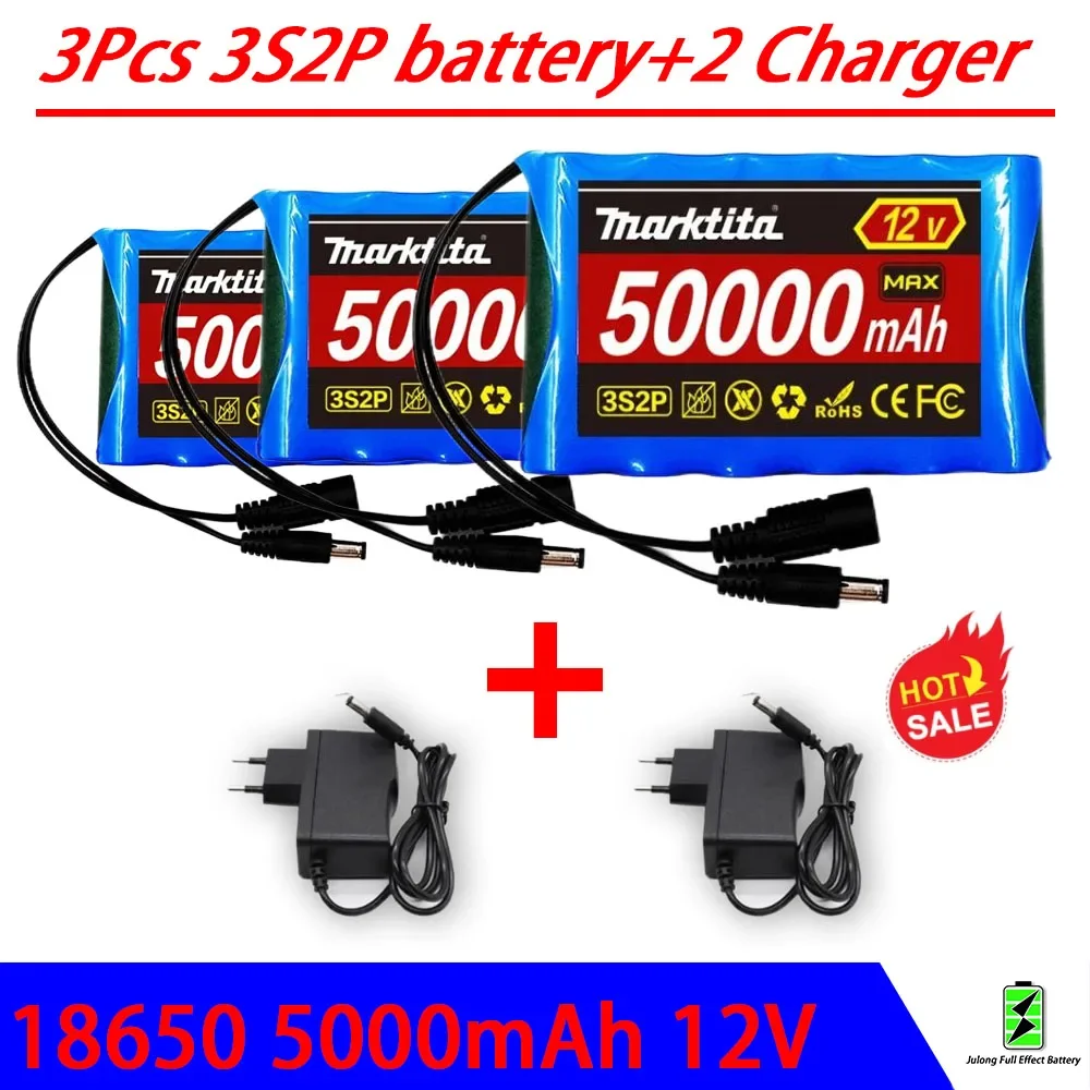 DC 12.6V 50Ah Rechargeable CCTV, 18650 3S2P 12V 50000mah Original Lithium Ion Battery Camera Monitor Replacement Battery + Charg