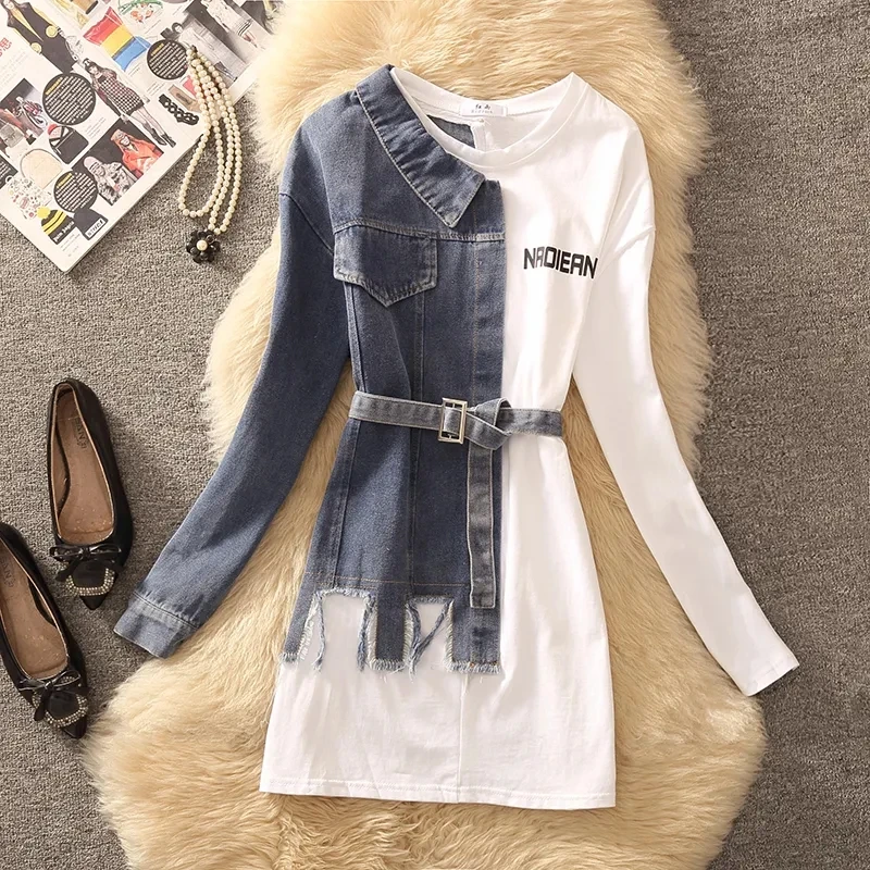 Retro Temperament Waist With Belt Color Matching Denim Dress Korean Version Of Chic Fashion Casual Long T-shirt Skirt FemaleTide