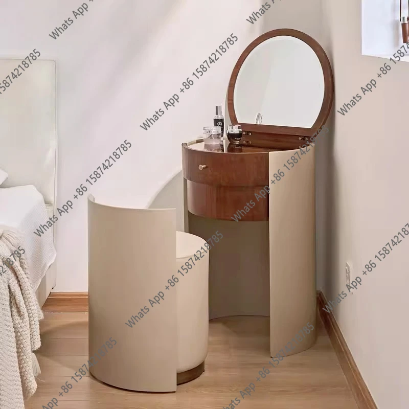 

Small Apartment Dresser Bedside Storage Cabinet Integrated Log Cream Wind Bedroom Round Flip Makeup Table