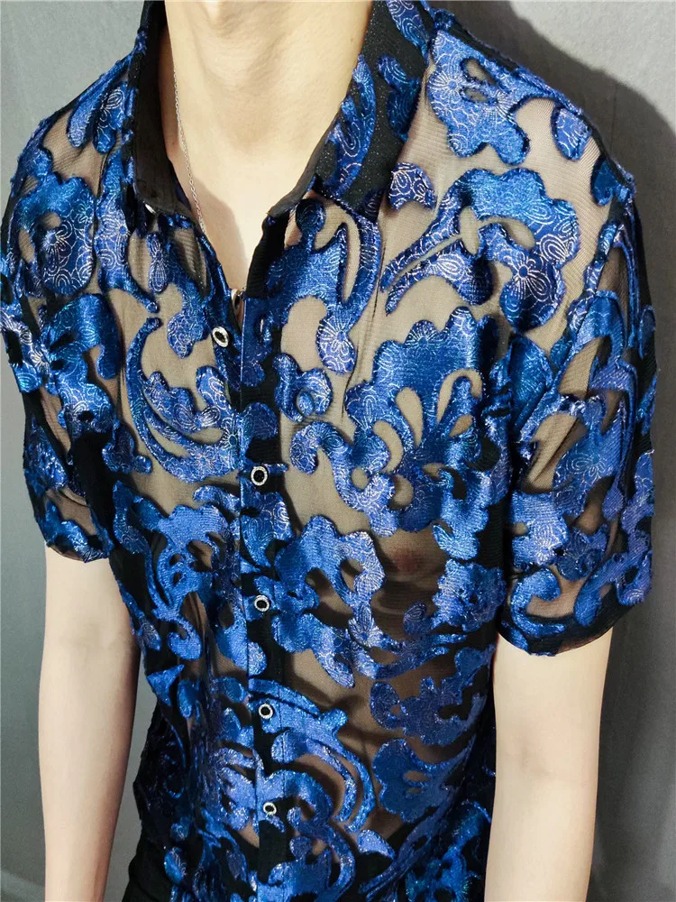 

Luxe Blue Gold Gradient Transparent Shirt 2024 Summer Short Sleeve Flowers See Through Sexy Men Chemise Homme