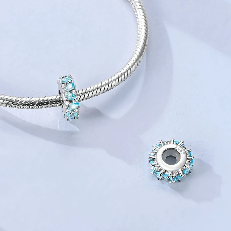 Rubber Stopper Positioning Bead Blue Zircon 925 Sterling Silver Charm Fit Bracelet Diy Woman Jewelry