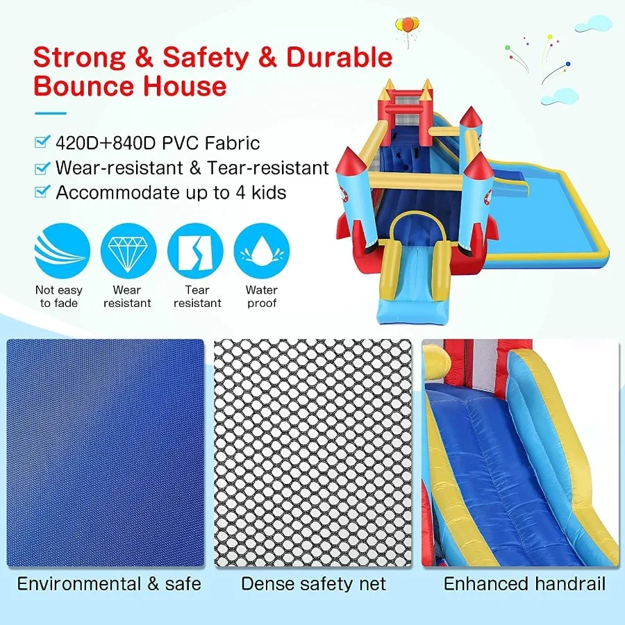 Springkasteel, opblaasbaar springkasteel met ventilator voor kinderen van 3-10, waterpark voor buiten/binnen (146" x 132" x 81")