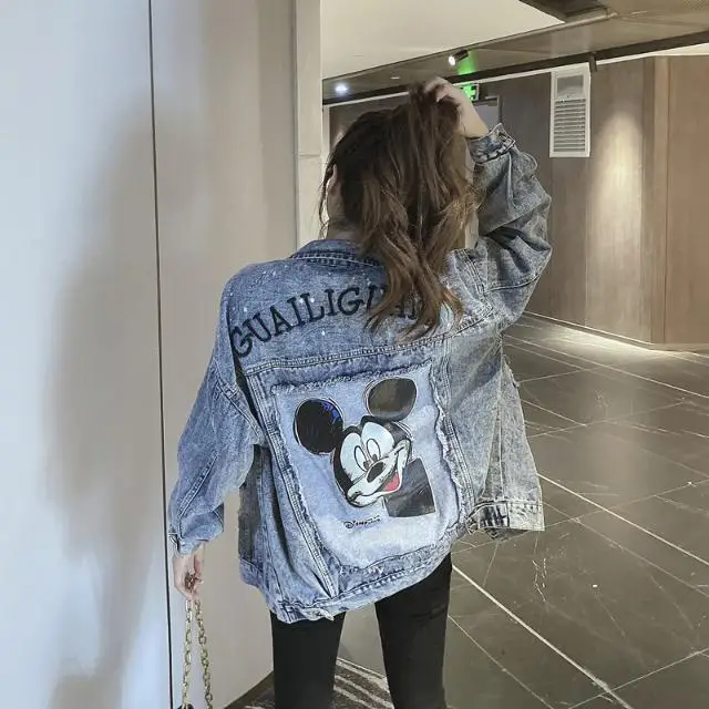 

Disney Mickey Cartoon Anime Pattern Denim Jacket Female Autumn New Patchwork Embroidered Jacket Korean Version Trend Casual Coat