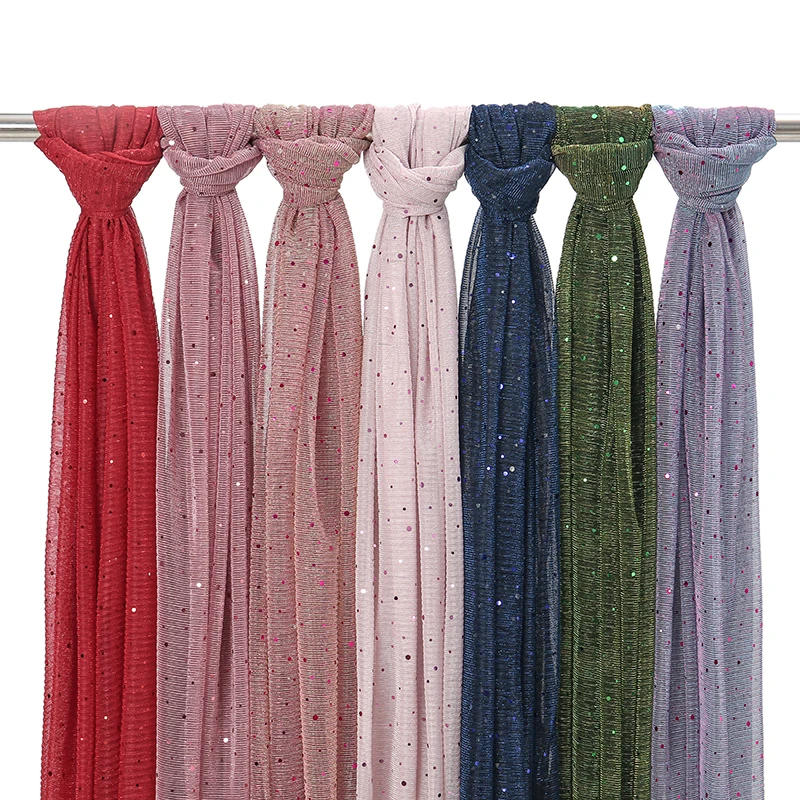 Plain Glitter Dot Headscarf Shimmer Wrinkle Fringe Scarf Shawl Lady Thin Ripple Wrap Pashmina Stole Bufandas Sequin Muslim Hijab