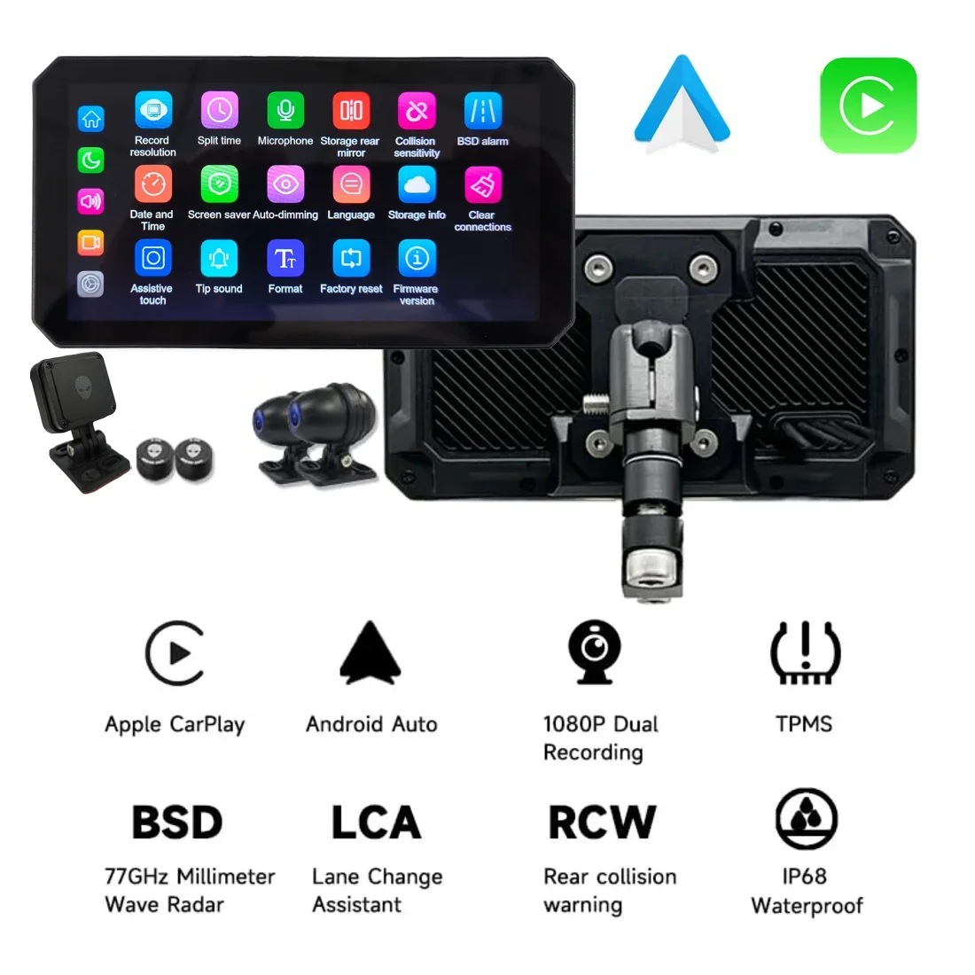 AlienRider M2 Pro Motorcycle CarPlay Navigation Android Auto Dual Recording Dash Cam With 6 Inch Touch Screen 77GHz Radar BSD