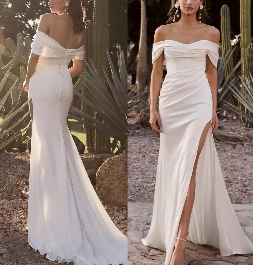 

2025 Simple Elegant Wedding Dress Off The Shoulder Side Slit Mermaid Sweep Train Bridal Bride Gowns Vestidos De Novia