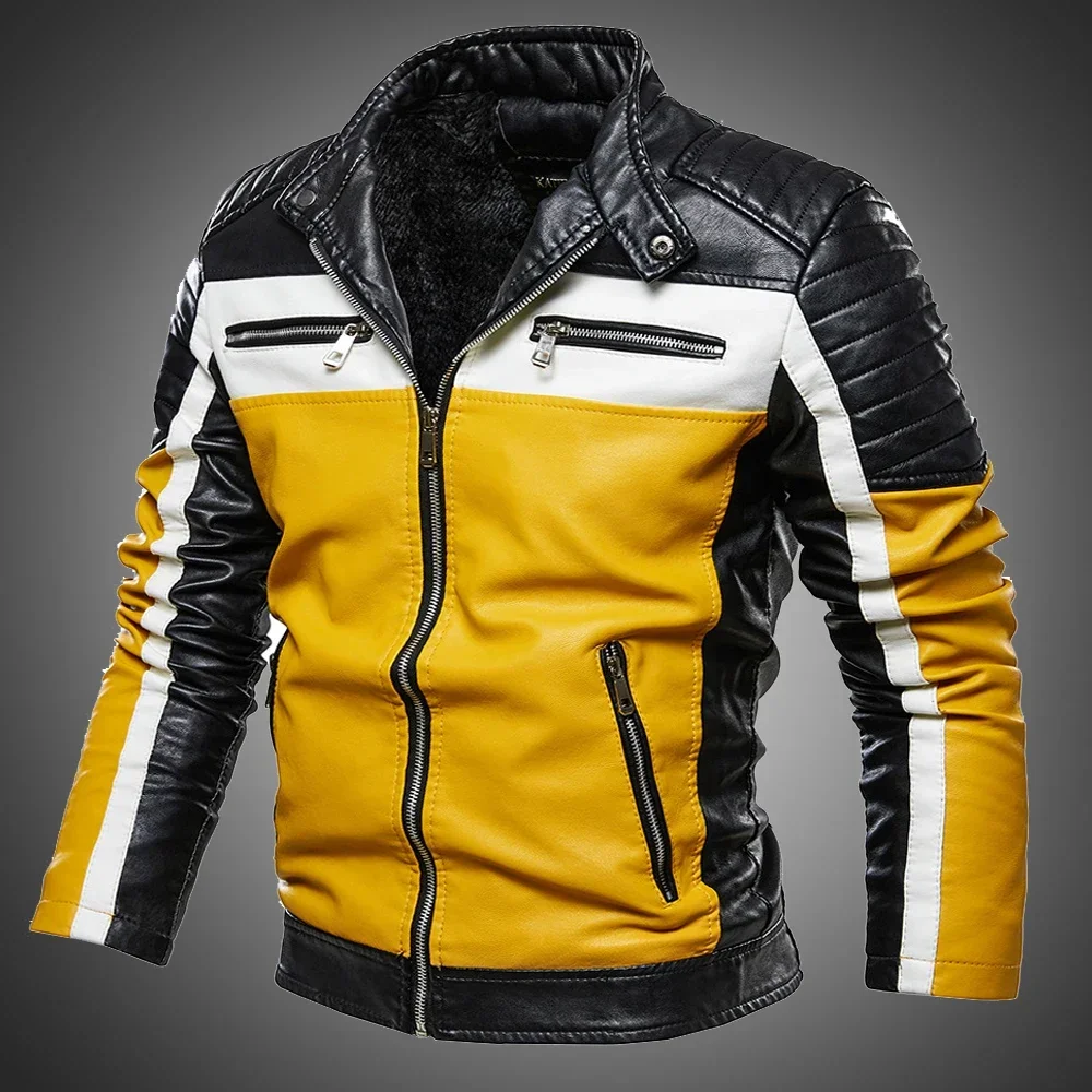 

Men Yellow PU Leather Jacket Patchwork Biker Jackets Casual Zipper Coat Male Motorcycle Jacket Slim Fit Fur Lined Outwear Coat