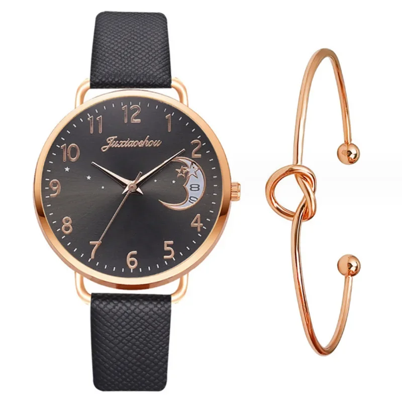 New Trendy Hot Goods Star Moon Pattern Women\'s Watch Minimalist Belt Student Bracelet Set Watch