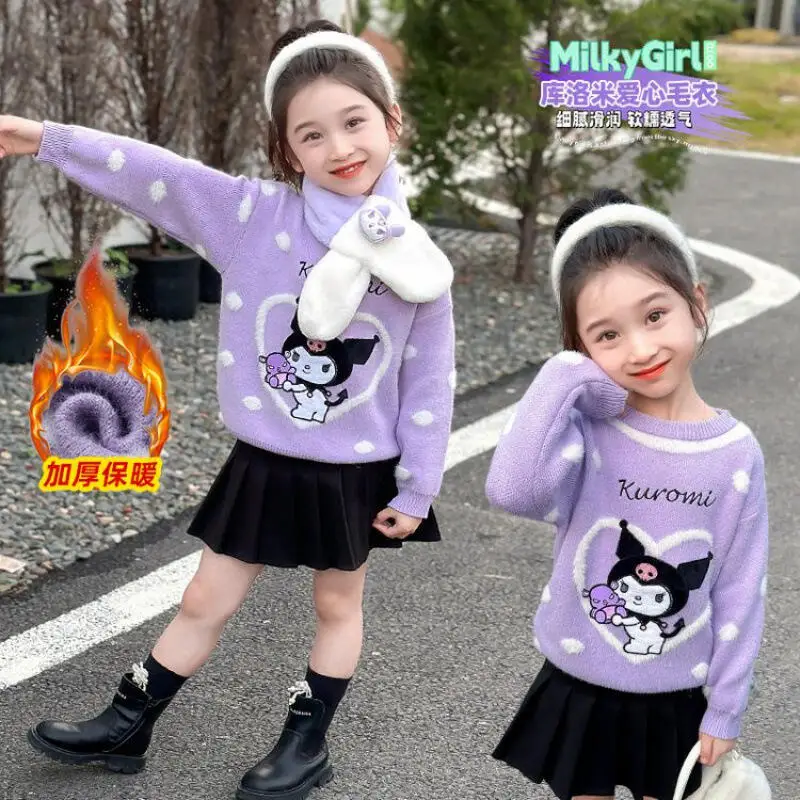 

Свитер Sanrio для девочек с героями мультфильмов, осень-зима Kuromi, новый детский кавайный модный милый толстый свитер, теплый мягкий шарф, подарок