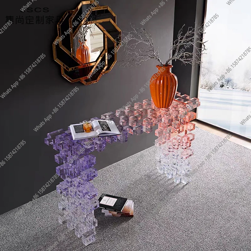 Designer light luxury acrylic gradient console table end view terrace hotel villa model room crystal bar table against the wall