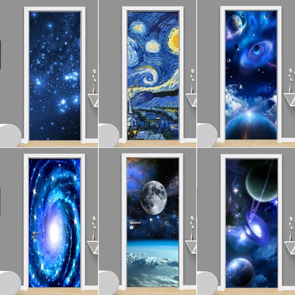 1Set PVC Adhesive Removable Waterproof Sticker for Door Wall 3D Night Star Sky Universe Planet Mural Stickers Dorm Room Decor