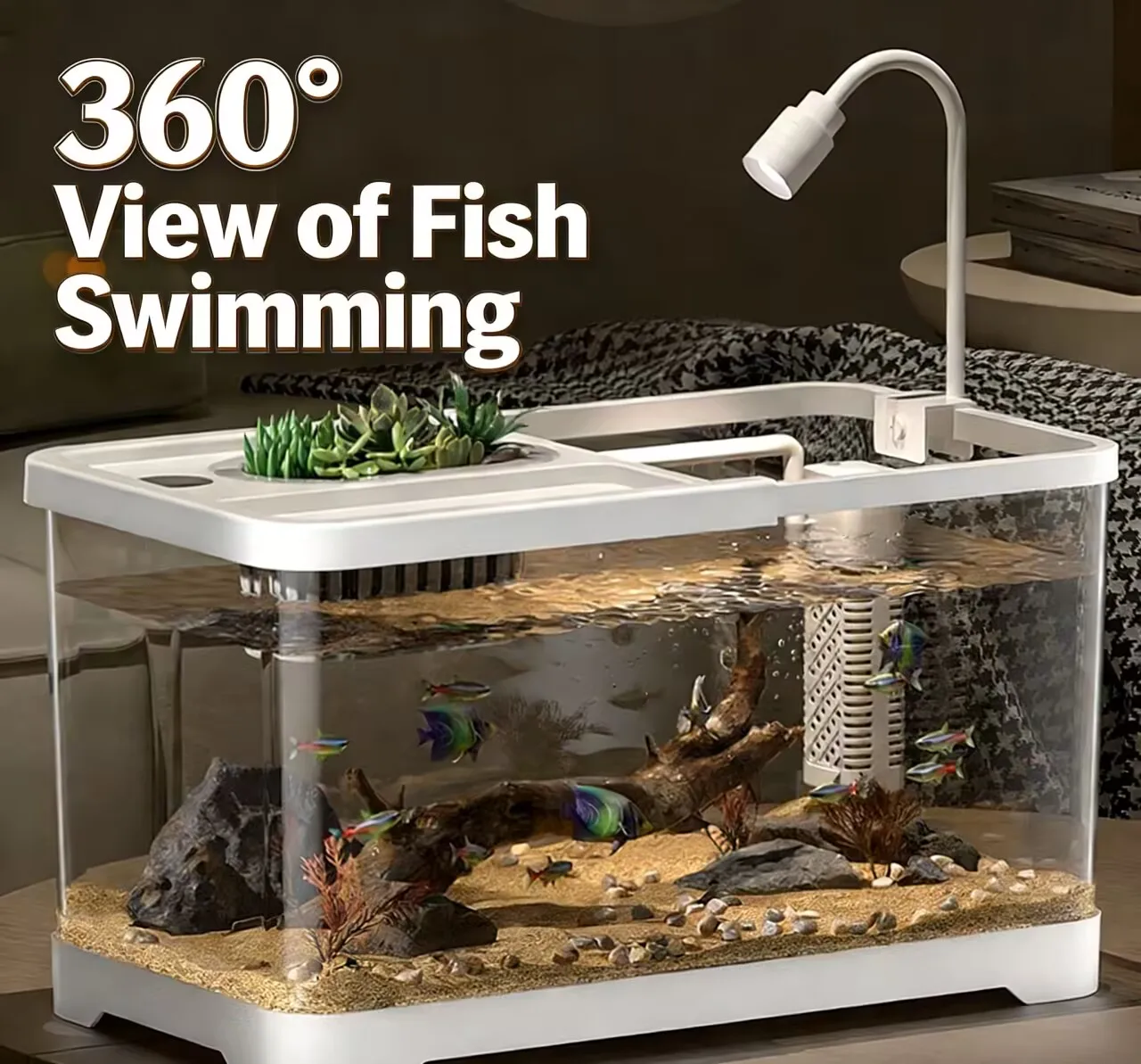 Home Aquarium, Desktop Ecological Circulation Fish Tank with Integrated Filtration and Aeration, Lid Included