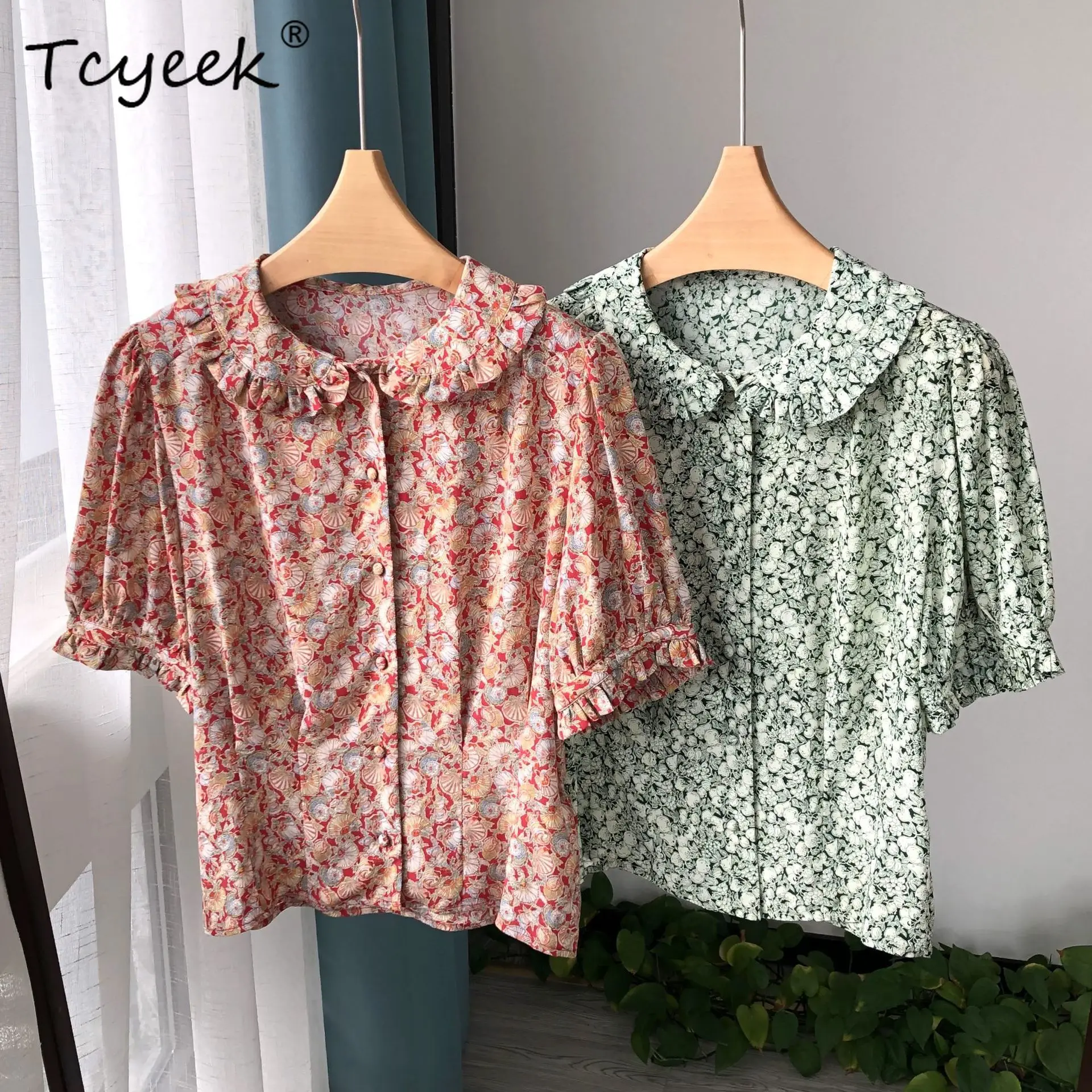

Tcyeek 18Mm Natural Sandwash Silk Shirt Women Crepe Green Peach Print Peter Pan Collar Short Sleeve Single Breast T36704QM