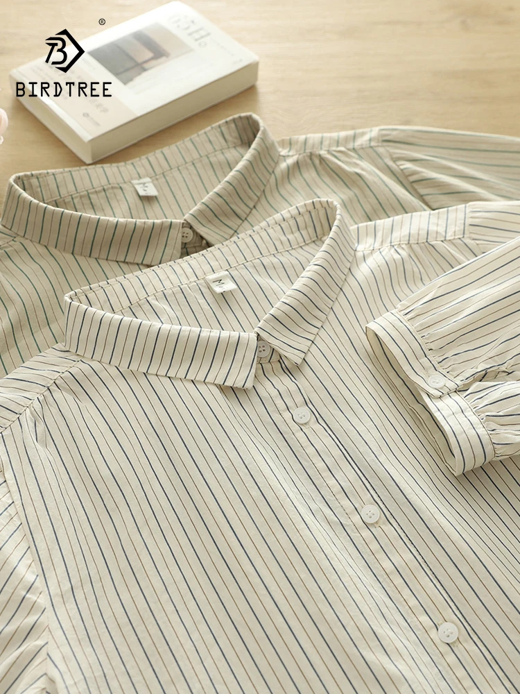 

New 2025 Summer Cotton 3/4 Sleeve Shirt, Women Turn-down Collar Striped Print, Mori Girl French Versatile Loose Blouse T54361CC