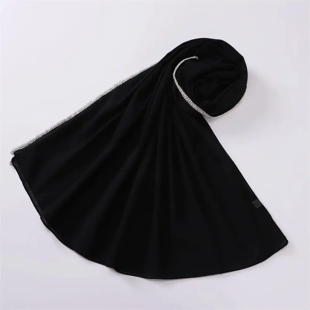 Bling Rhinestone Bubble Chiffon Hijab Shawl Solid Color Veil Beach Sunscreen Headscarf Outdoor Windproof Head Wrap