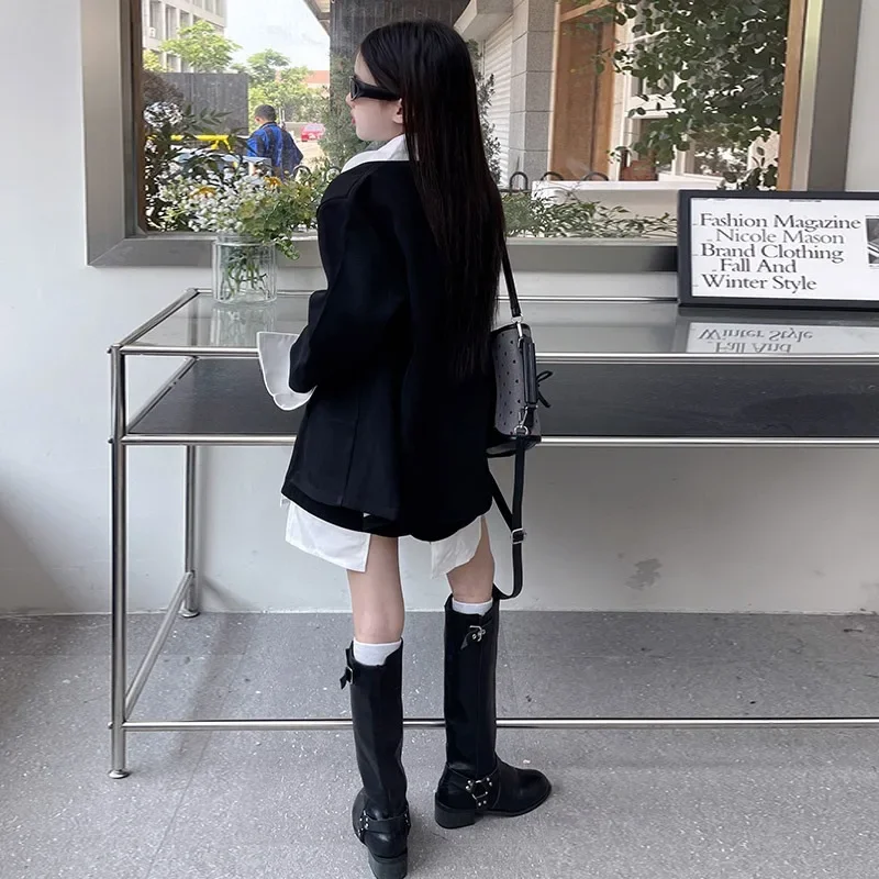 2024 Girls' Sense of Design Niche Suit Suit Autumn Fashion Casual Fake Two-piece Shirt Splicing Jacket Culottes