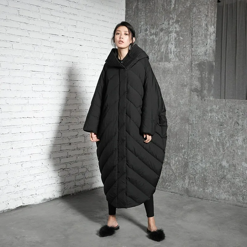 Doudoune d'hiver à capuche en duvet de canard blanc en forme de chauve-souris pour femme, coupe ample, grande silhouette, grande taille, allongée et épaisse