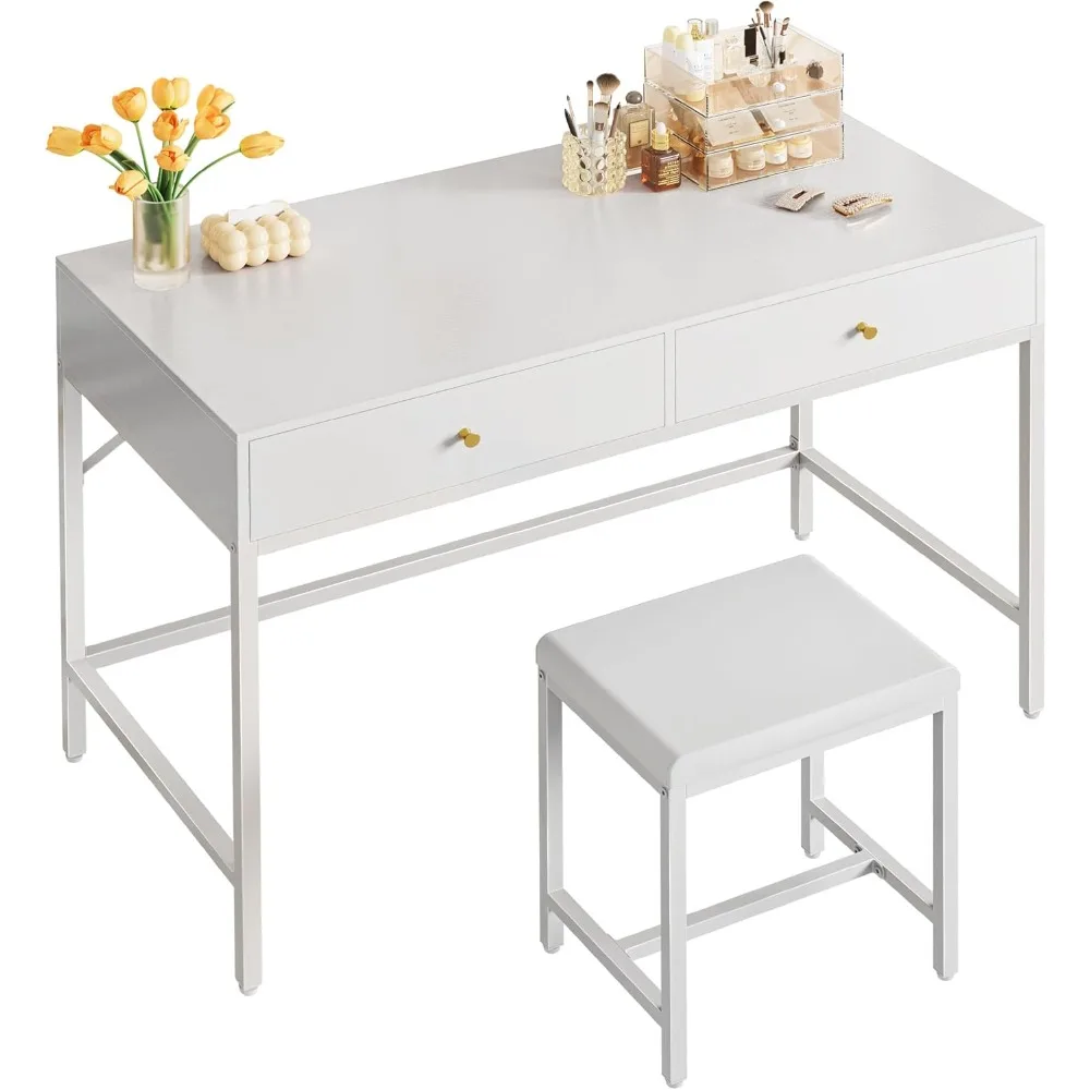 43-inch White Desk with 2 Drawers and Padded Stool, Modern Makeup Vanity Desk, Computer Desk with Storage