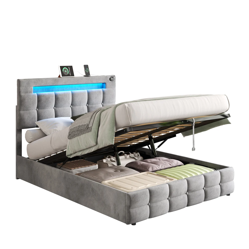 Ye 4ft6 Double Upholstered Bed Frame with Hydraulic Storage, Velvet Ottoman Bed with Charging Station, Grey (No Mattress)