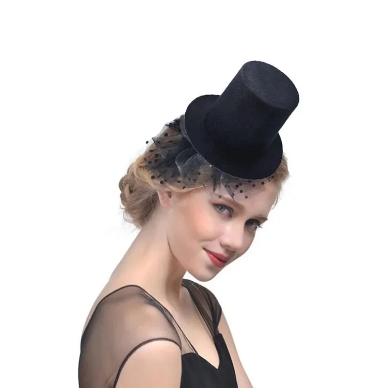 Women Girls Black Mini Top Hat Hair Clip Feather  Base DIY Craft  Accessories Wedding Party Carnival Christmas Birthday