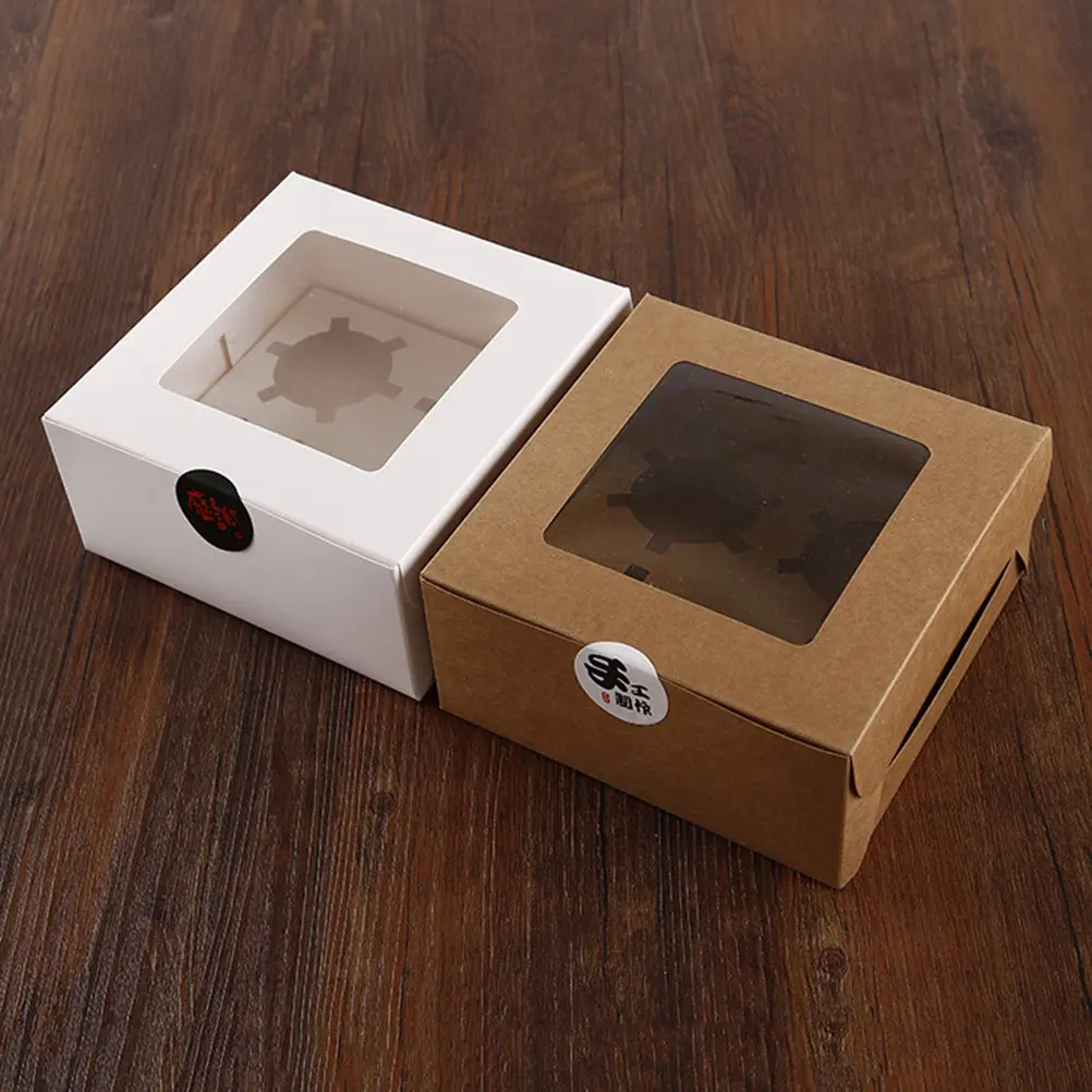 4 Cavities Kraft Paper Cupcake Box Windowed Dessert Container Food Grade Bakery Cake Carrier Insert Cupcake Container