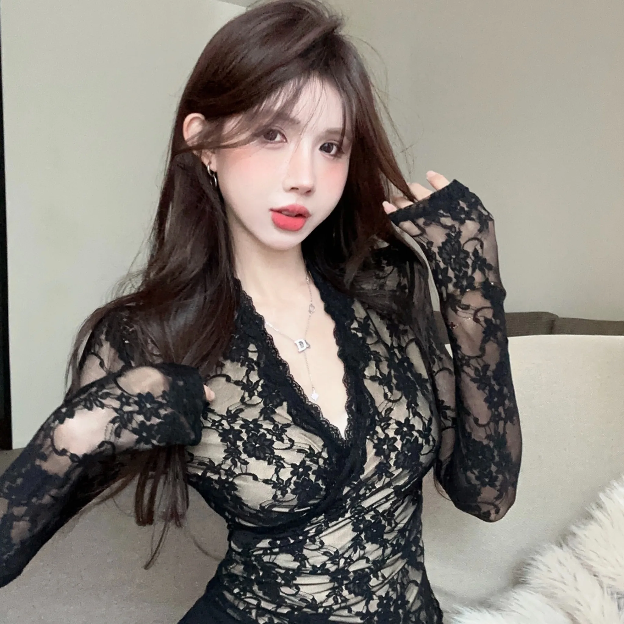 

Cross Ba Long Sve Lace Detail Slim Fit Top Pure Color Faionable Base Layer irt Autumn New Arrival Women's T-irt