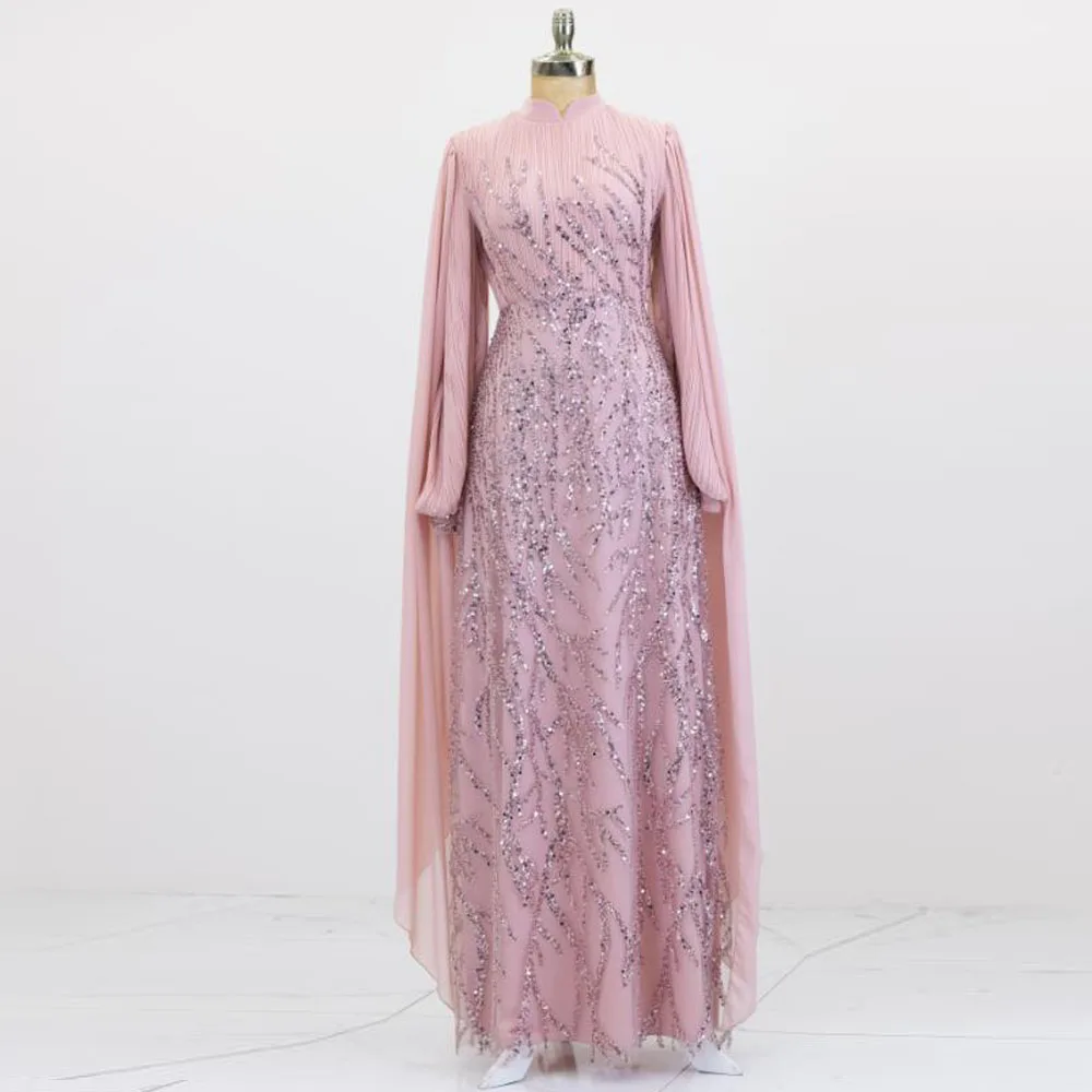 Customized Pink Muslim Evening Dresses Beaded Sequin Formal Gown with Sleeve A Line Chiffon Floor Length Wedding Guest Outfit