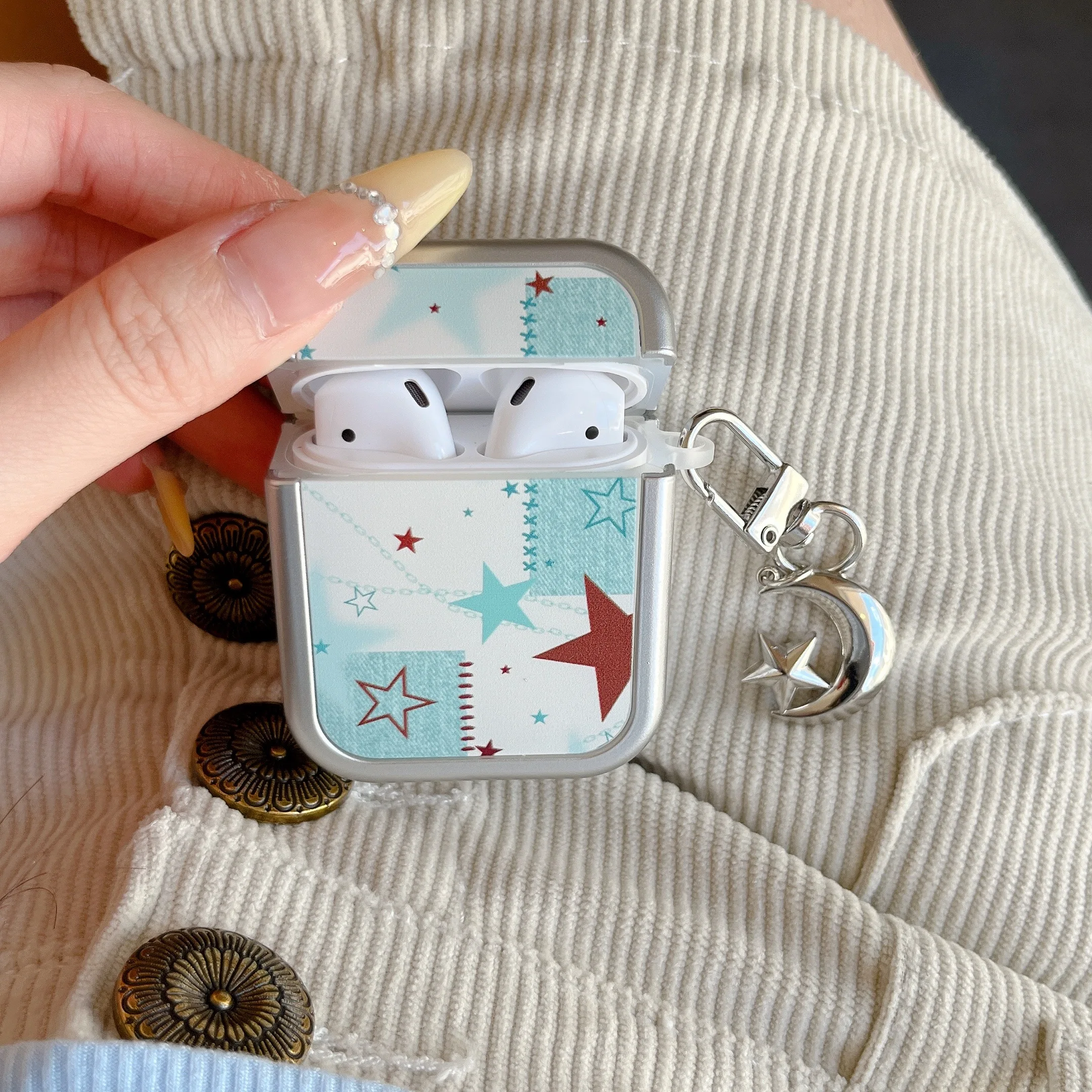 เคส AirPods Pro3 4 ลายดาวประดับมุกดอกไม้ สีฟ้าขาวตัดกัน เนื้อนุ่ม สำหรับ AirPods Pro2 รุ่นที่ 2 และ 3