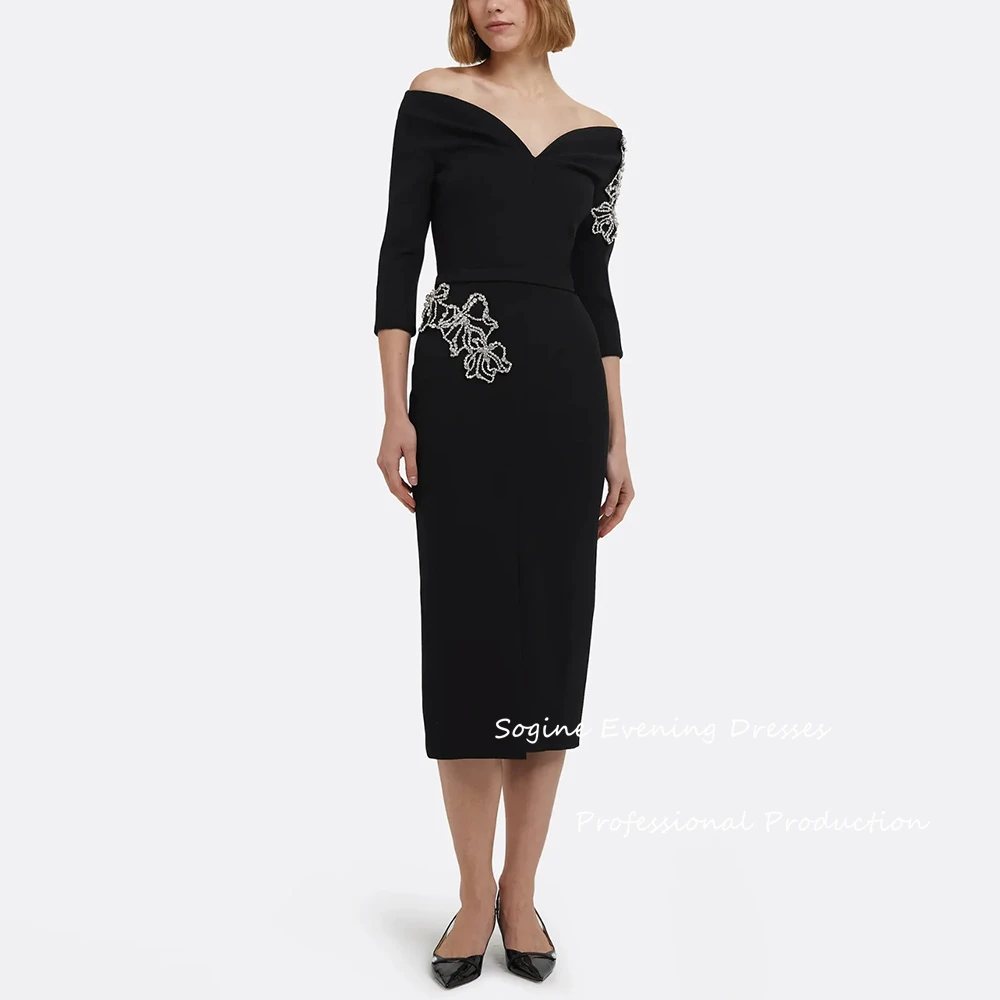 Crepe personalizado vestidos de noite feminino fora do ombro em linha reta 3/4 manga ao ar livre vestindo com contas formal فسات intellimavera