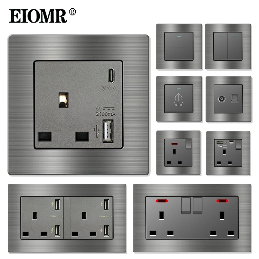 Home Improvement Uk - Eiomr ช่องเสียบผนังมาตรฐานของสหราชอาณาจักร13A แผงอะลูมินัมอัลลอยสีเทา220โวลต์พร้อมพอร์ตชาร์จ USB STOP kontak