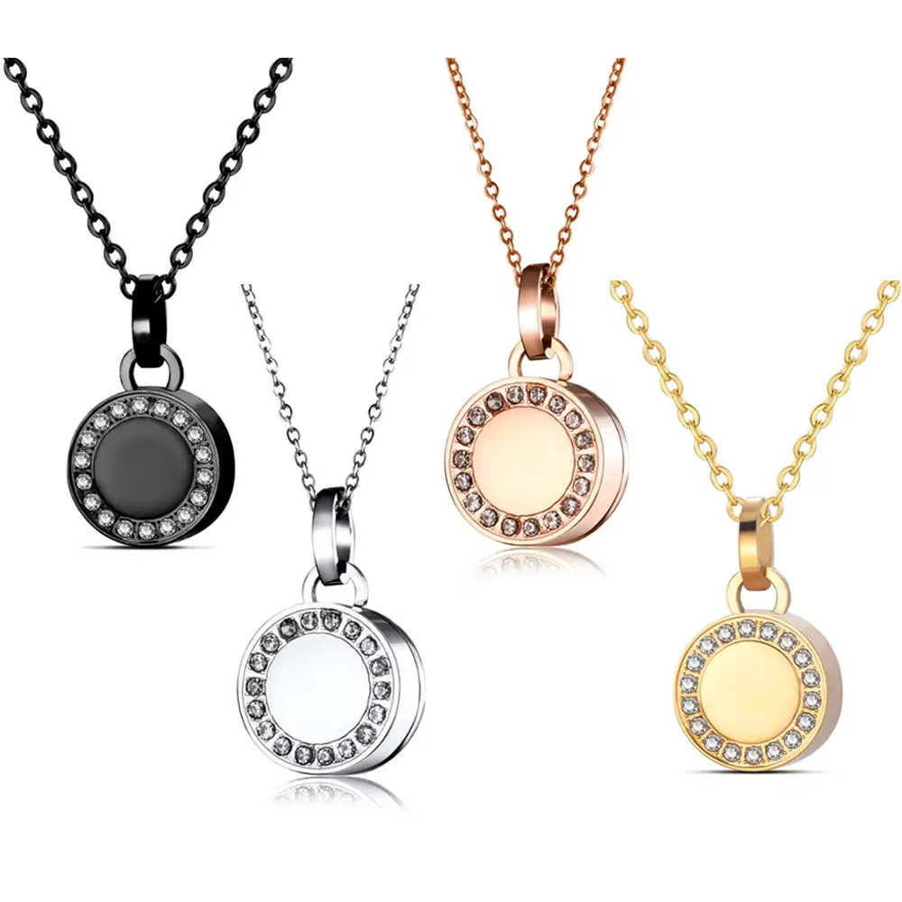 Stainless Steel Round Crystal Inlaid Openable Urn Pendant Necklace Pet Ashes Hair DIY Jewelry Accessories Couple Memorial Gift