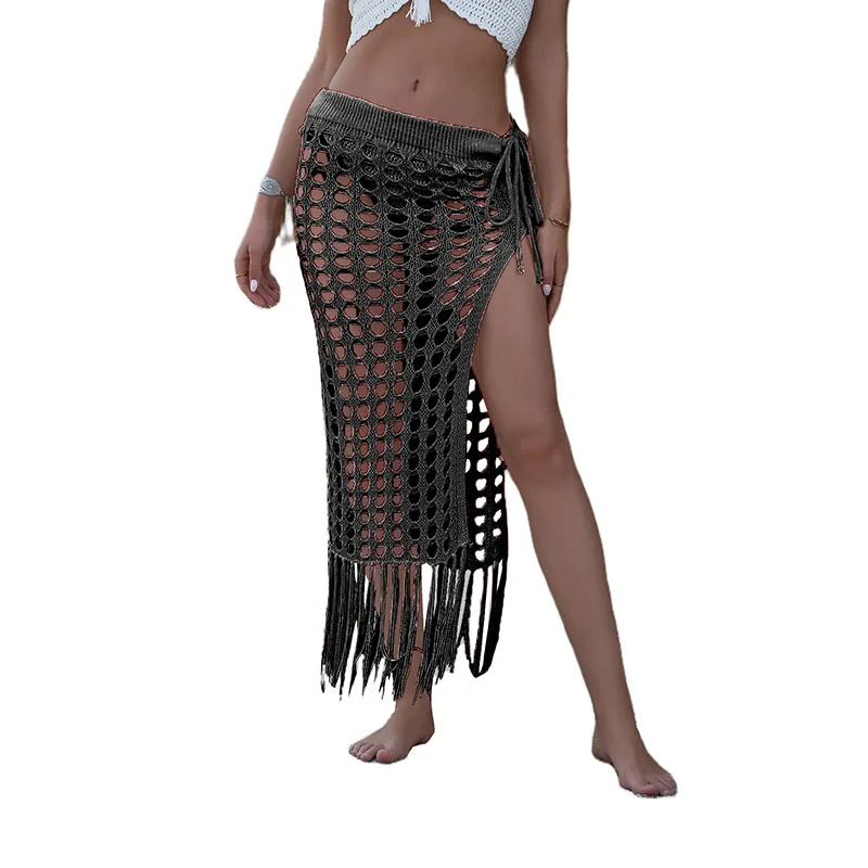 Frauen Sexy Bikini Cover Up Sheer Aushöhlen Strand Kleid Maxi Stricken Rock Split Quasten Häkeln Cover Up Röcke beachwear Sommer