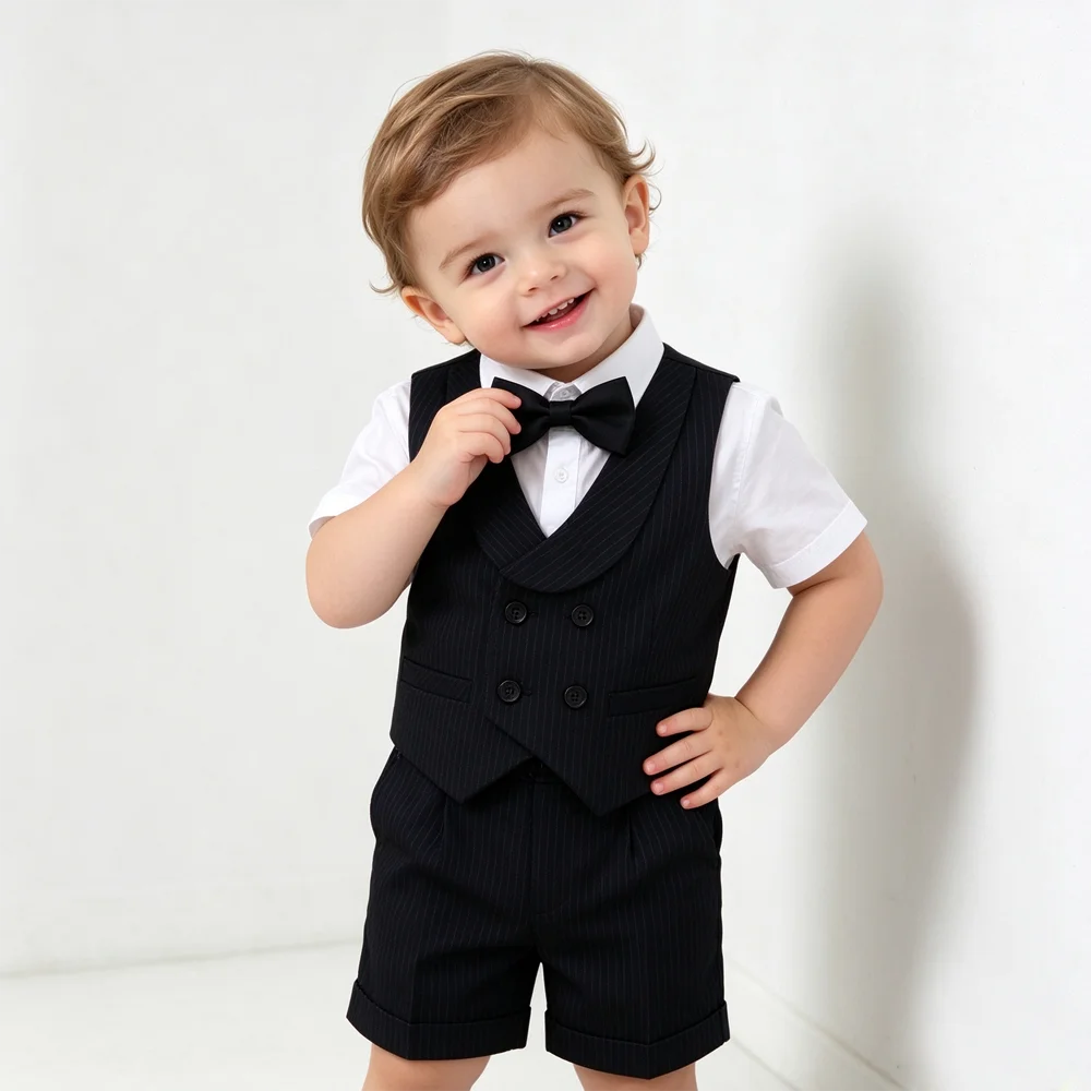Toddler Boy Formal Striped Outfit with Waistcoat Shorts Bowtie Set Kids Gentleman Costume for Wedding Baptism Birthday Ceremony