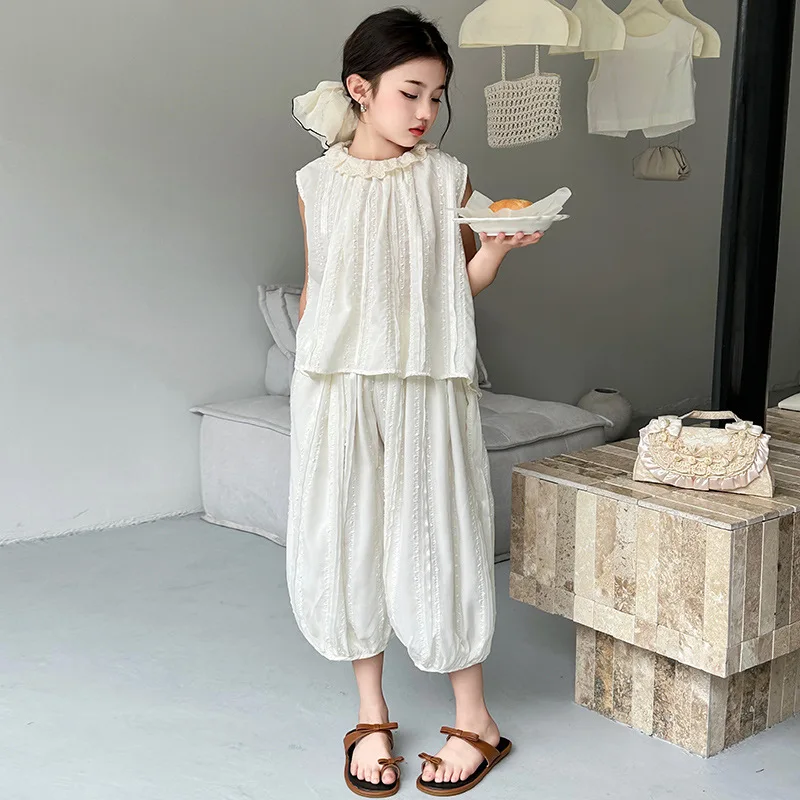 Girls Summer Casual Suit 2024 New Spring Women Big Children Summer Fashion Thin Sleeveless Pants Two-piece Set Clothes