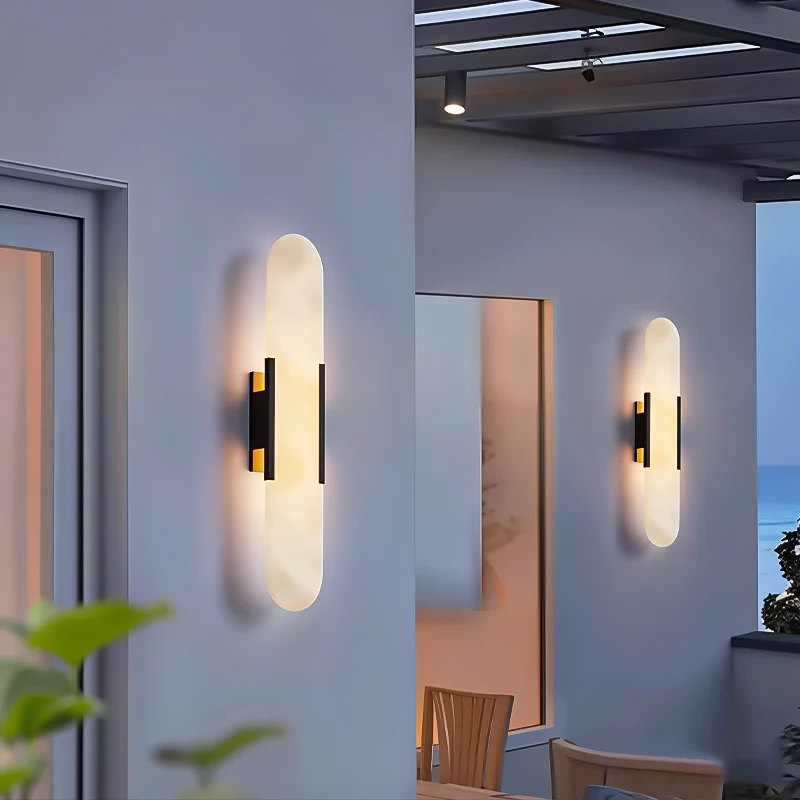 Outdoor Waterproof Wall Sconce with Stainless Steel Housing IP65 Rating Modern Minimalist Marble-Effect Design for Corridors
