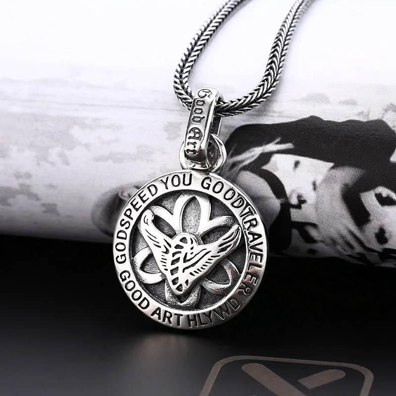 Wholesale s925 pure silver necklace pendant for men and women, cherry blossom flying eagle round brand, Thai silver vintage anti