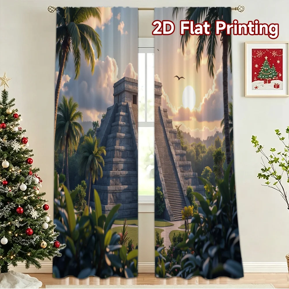 2D flat 2pcs Curtain Modern Minimalist Style Sunset Jungle Pyramid Digitally printed polyester, colorfast Festive Curtains