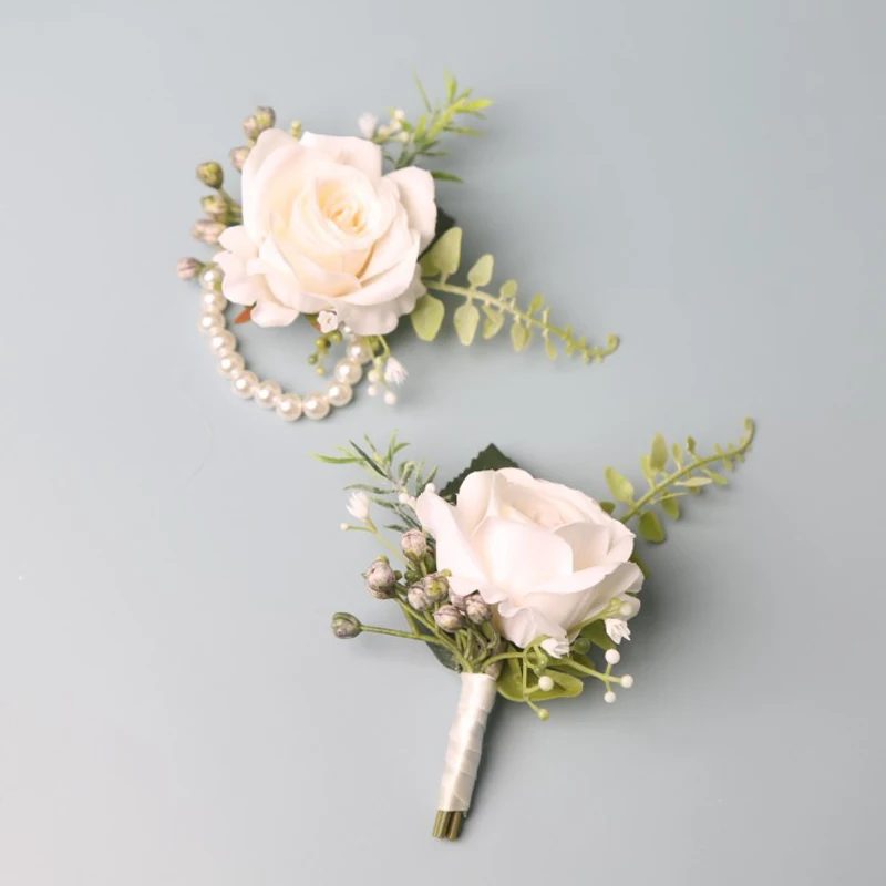 Elegante Bräutigam-Boutonniere-Blumen für Mensuit, künstliche Rosen, Handgelenk-Corsage, Hochzeitsaccessoires – Detail 2