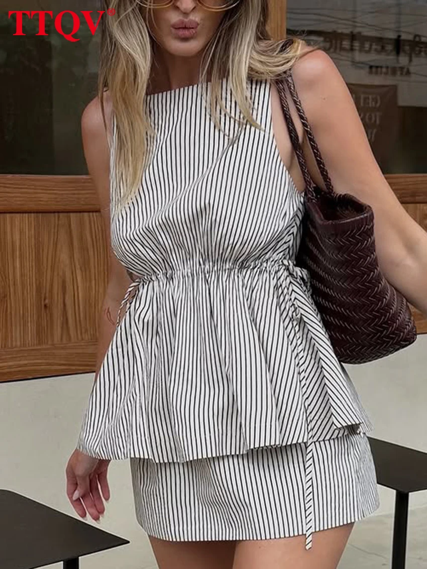 

TTQV Summer Loose Stripe 2 Piece Set Women 2026 Fashion Sleeveless Tank Top With High Waist Mini Skirt Set Female Cltohing