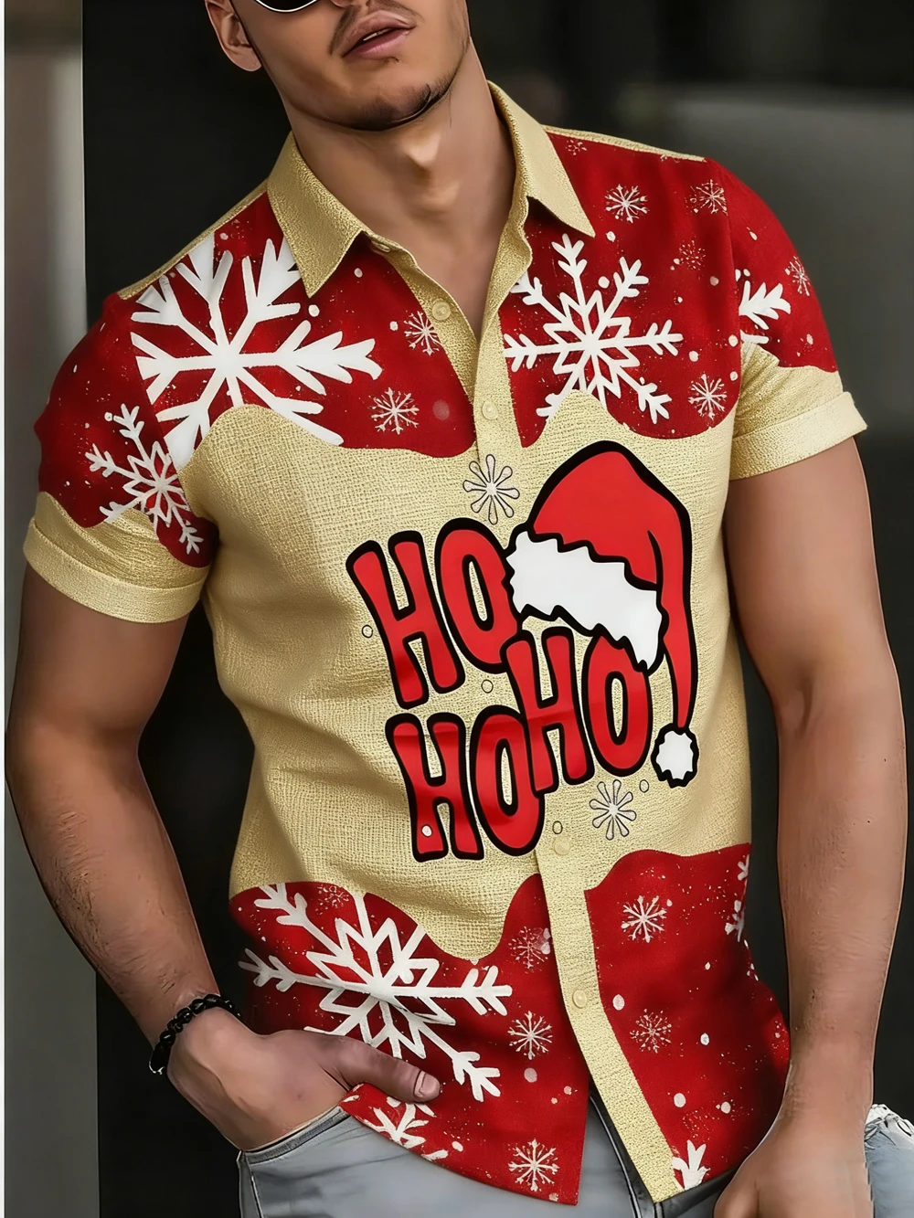 Men's New Short-sleeved Linen Christmas Hat Funny 3D Printed Multi-color Shirt Hawaiian Casual Shirt Outdoor Party Clothes Men