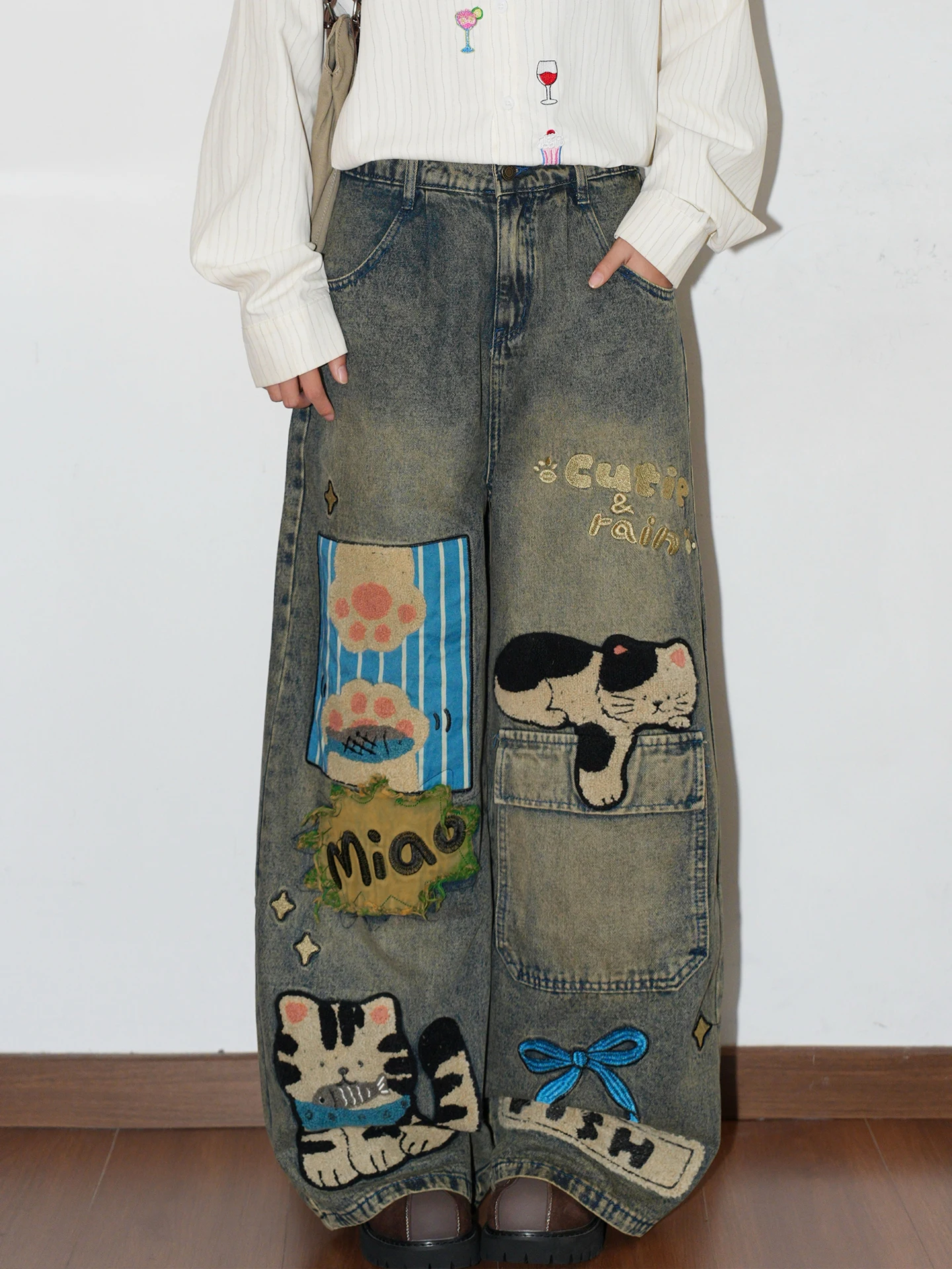 Washed Denim Pants Women's Loose Wide Leg Jeans Embroidered Patchwork Retro American Cartoon  Original Design Non-Stretch
