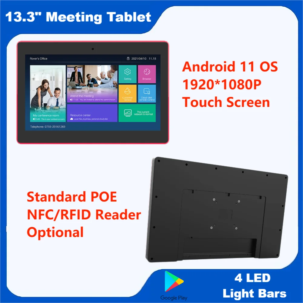 

13.3 Inch 4 Light Bars Android Tablet Wall Mount Meeting Booking Display Touch Screen LCD Conference Book Monitor POE NFC RFID