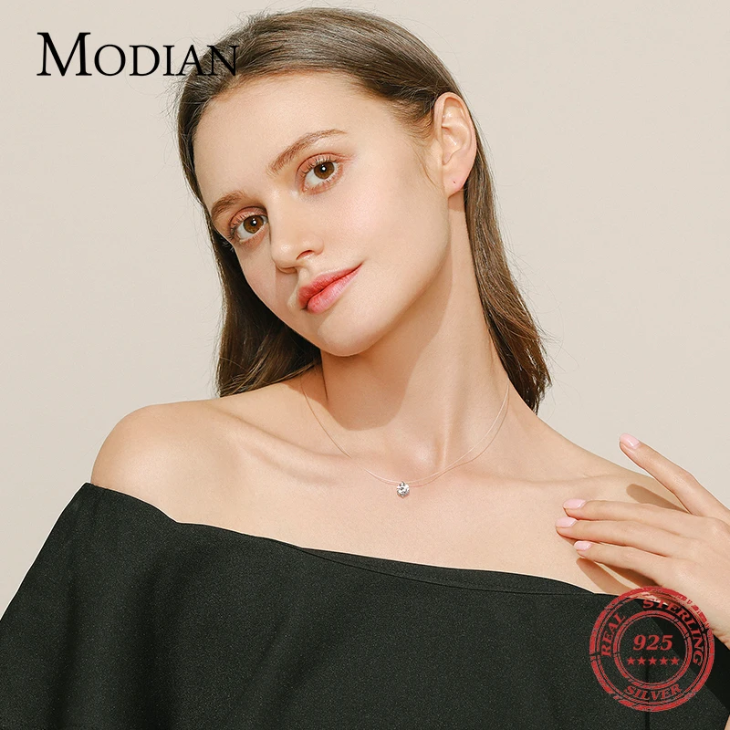 Modian Silver Transparent Chain Pendant Real 925 Sterling Silver Clear CZ Fishing Line Choker Necklace For Women Girls Jewelry