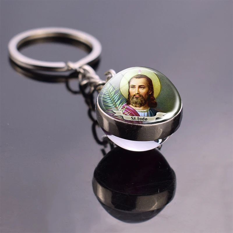 Religious Keychain St Francis Double Sided Key Chains Catholic Glass Ball Pendant Keyring Jewelry Keychain Jesus Christian Gifts