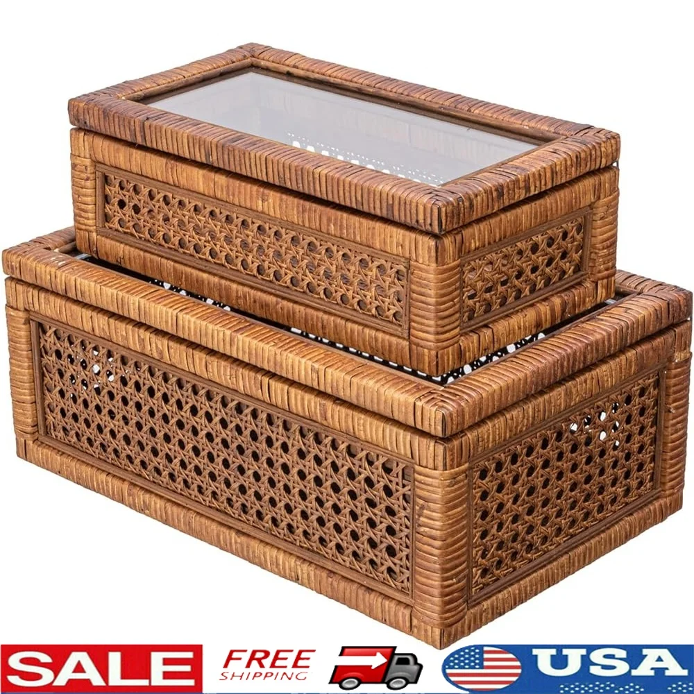 

Modern Decorative Rattan Wood Display Storage Boxes Glass Top Set of 2 Rectangular Storage Bins Keepsake Organizer Home Decor