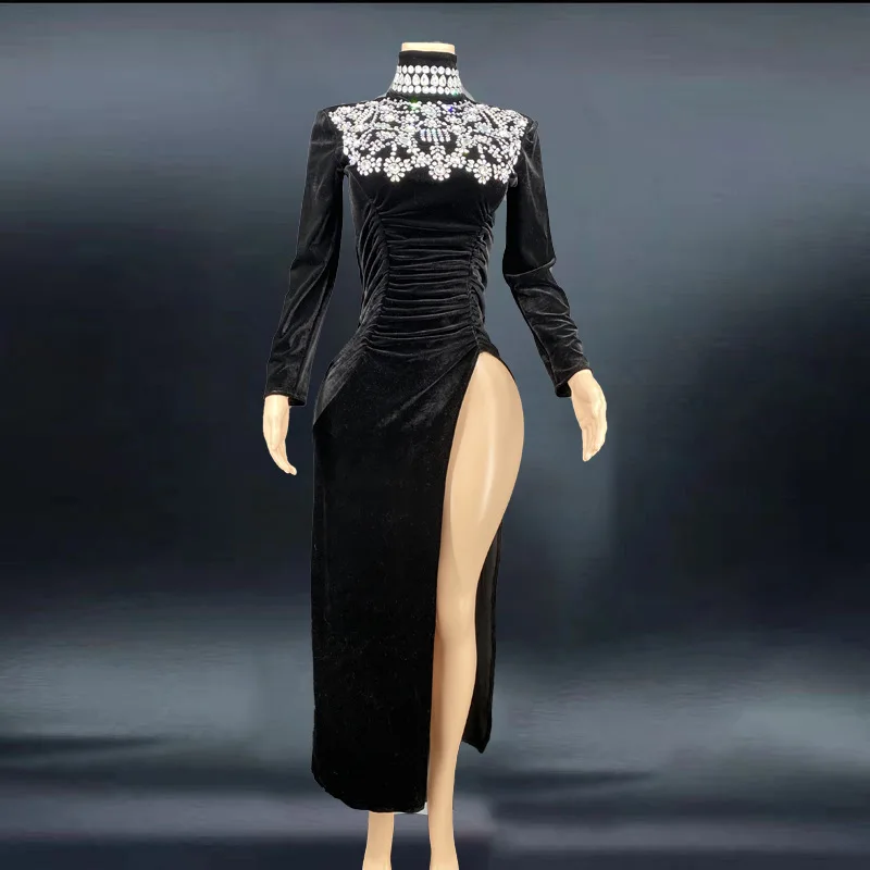 

Diamond Birthday Clothing Noble Velvet High Split Sexy Gem Decal Evening Dress Black Cocktail Robe De Soiree Elegante Pour Femme