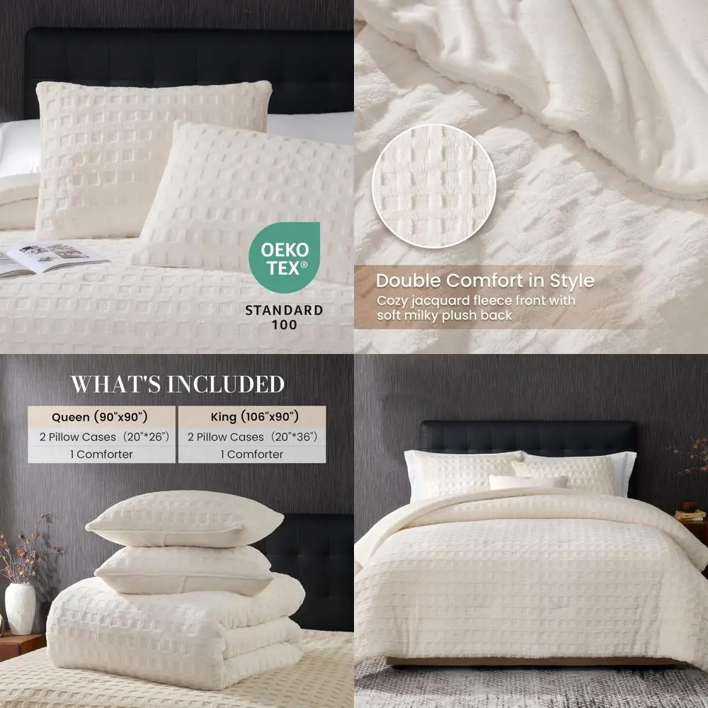 

Beige Plush Fleece Queen Comforter Set, 3-Piece Cozy Bedding with 2 Pillowcases for Winter Warmth